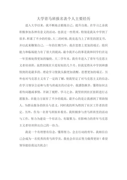 大学青马班报名表个人主要经历