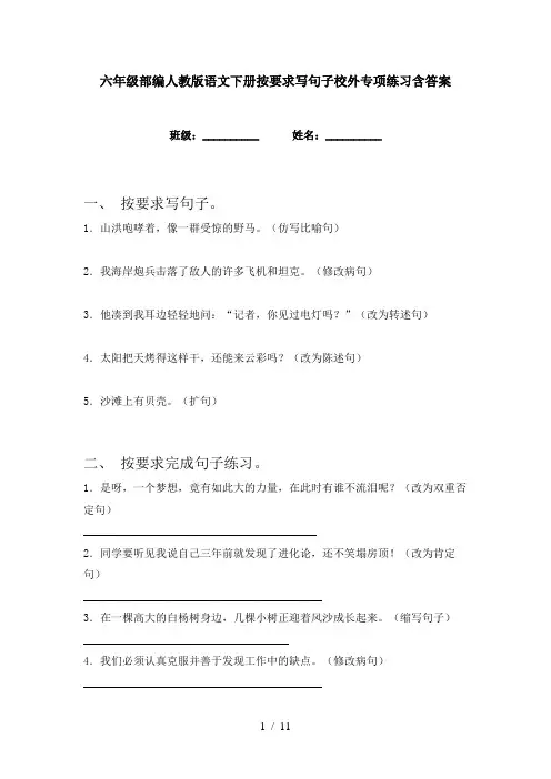 六年级部编人教版语文下册按要求写句子校外专项练习含答案
