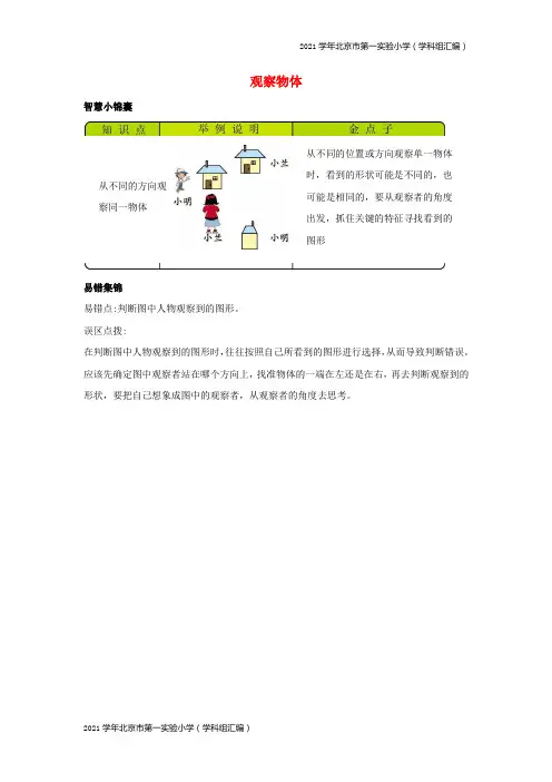 2021学年北京市第一实验小学(汇编)一年级数学下册观察物体知识清单素材-(北师大版)
