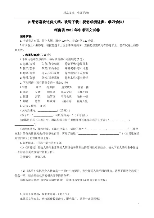 河南省2019年中考语文真题试题
