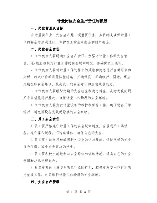 计量岗位安全生产责任制模版