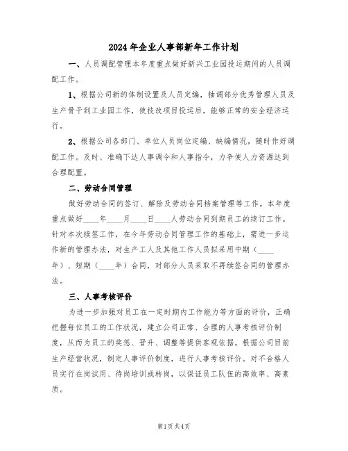 2024年企业人事部新年工作计划(二篇)