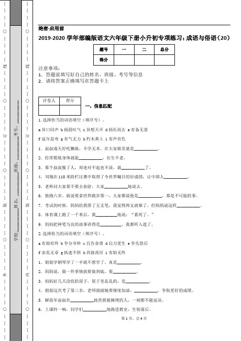 2019-2020学年部编版语文六年级下册小升初专项练习：成语与俗语(20)