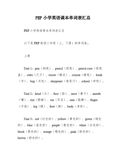 PEP小学英语课本单词表汇总
