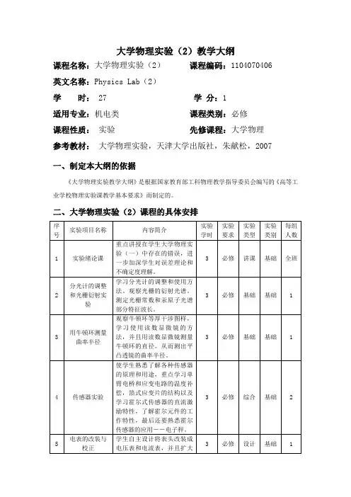大学物理实验(2)教学大纲【27学时机电类】