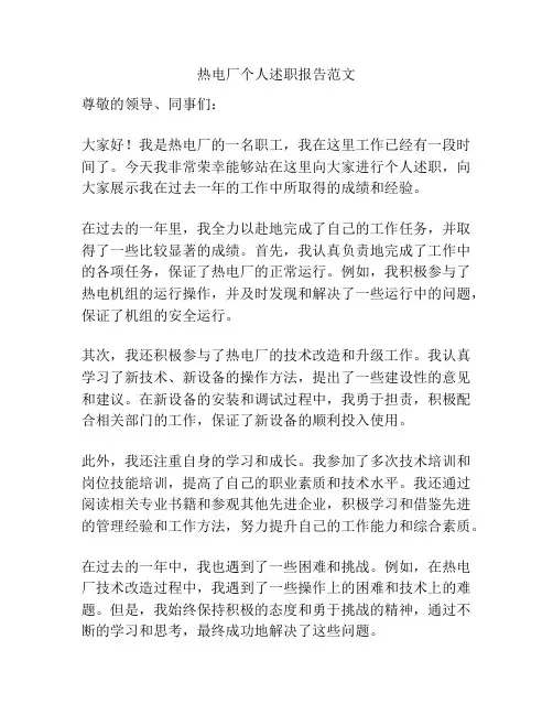 热电厂个人述职报告范文