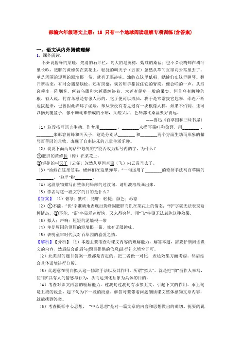 部编六年级语文上册：18 只有一个地球阅读理解专项训练(含答案)