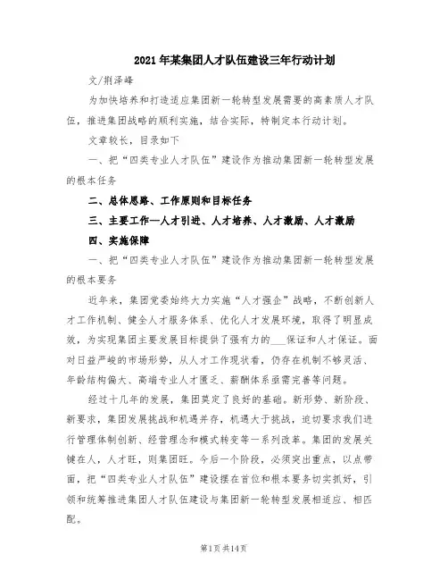 2021年某集团人才队伍建设三年行动计划