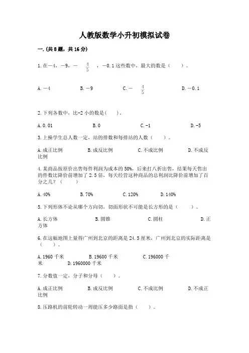 人教版数学小升初模拟试卷附答案(精练)
