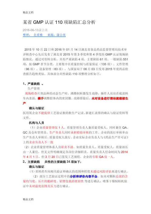 某省GMP认证110项缺陷汇总分析教学内容