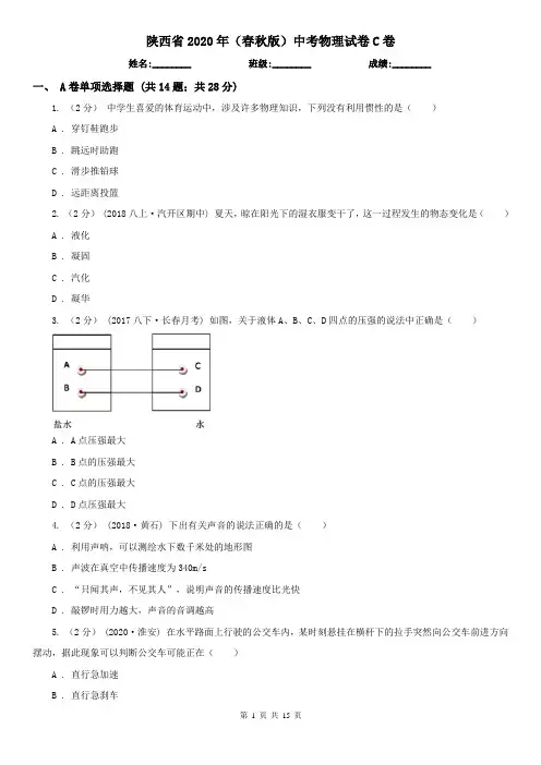 陕西省2020年(春秋版)中考物理试卷C卷(精编)