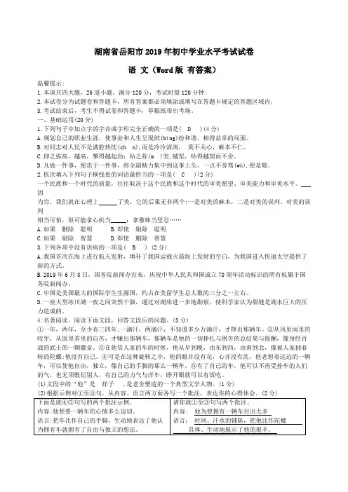 湖南省岳阳市2019年中考语文试题及答案