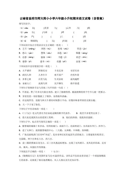 云南省昆明市师大附小小学六年级小升初期末语文试卷(含答案)
