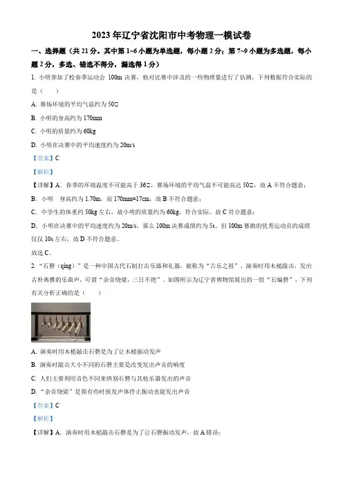 2023年辽宁省沈阳市中考一模物理试题(解析版)