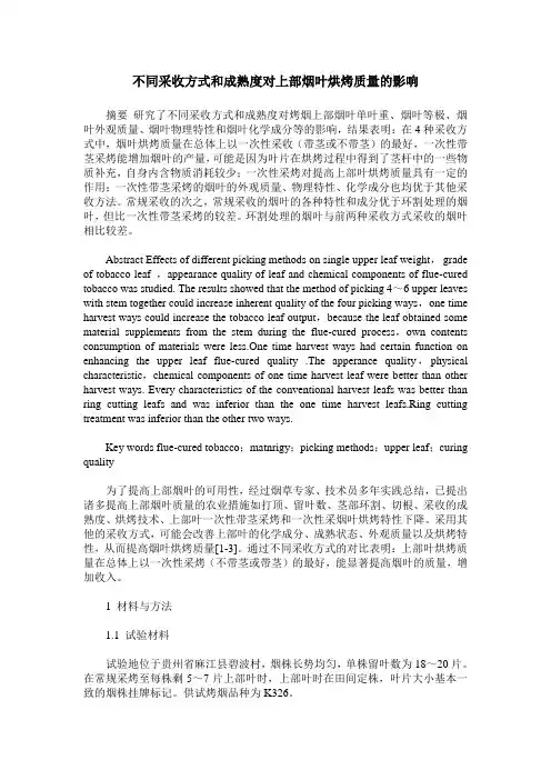 不同采收方式和成熟度对上部烟叶烘烤质量的影响