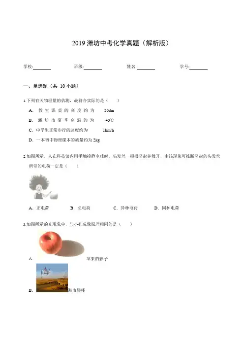 2019潍坊中考物理真题(解析版)(可编辑修改word版)