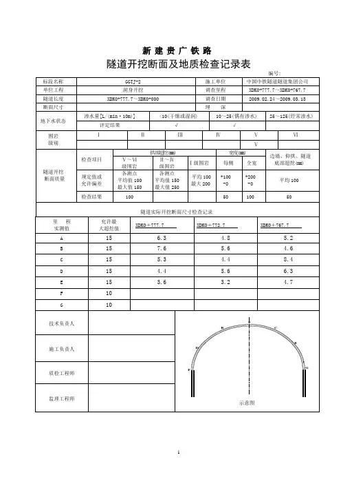 隧道开挖断面及地质检查记录表