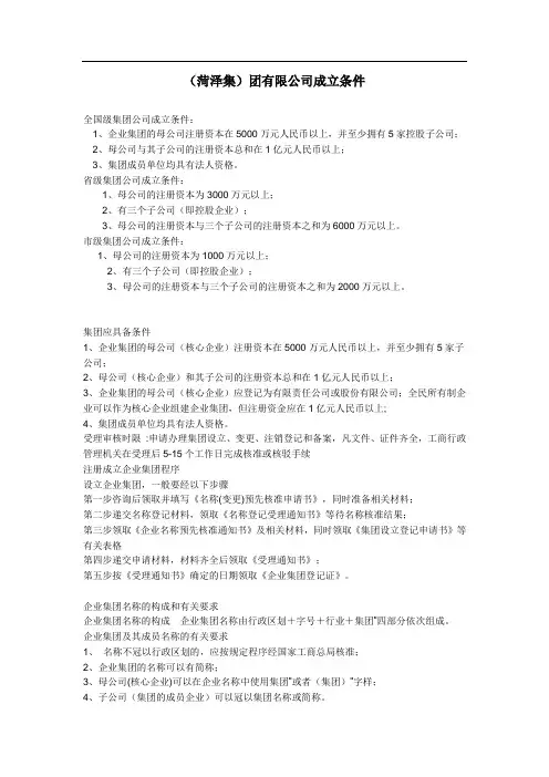 国家级、省级、市级集团公司成立条件