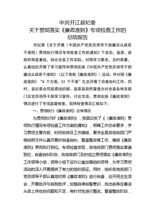 《廉政准则》专项检查总结报告
