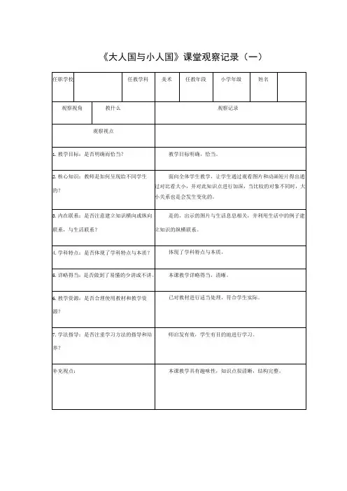 人教版小学美术三年级上册大人国与小人国课堂观察实录