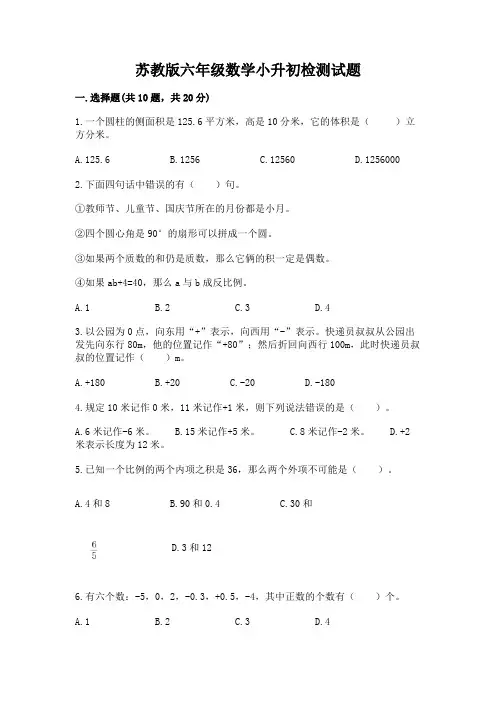 苏教版六年级数学小升初检测试题附参考答案(模拟题)