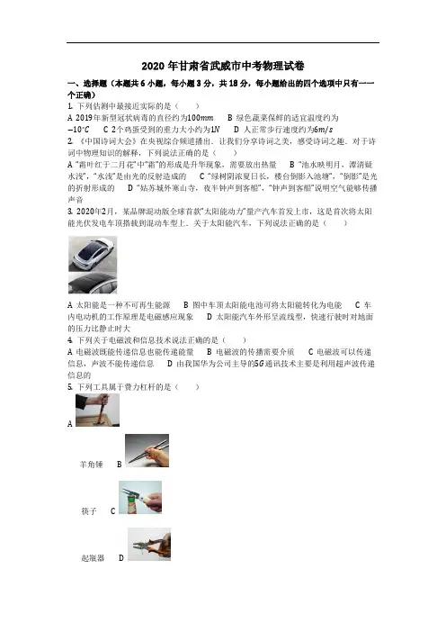 物理_2020年甘肃省武威市中考物理试卷(含答案)