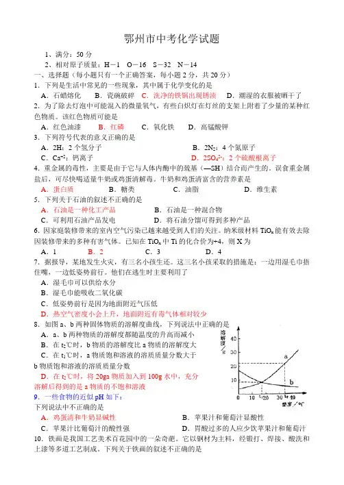 鄂州市中考化学试题 (2)