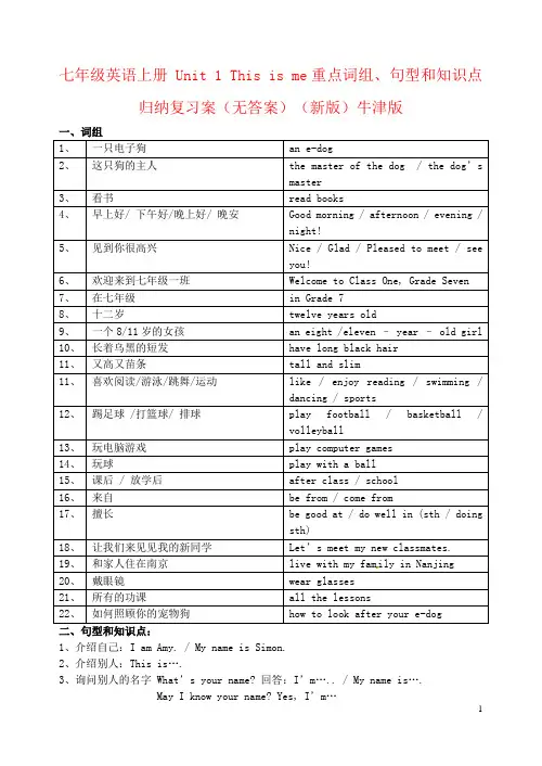 七年级英语上册 Unit 1 This is me重点词组、句型和知识点归纳复习案(无答案)(新版)牛津版