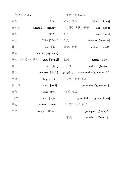 浙江省小学英语三年级下词汇表(带音标)