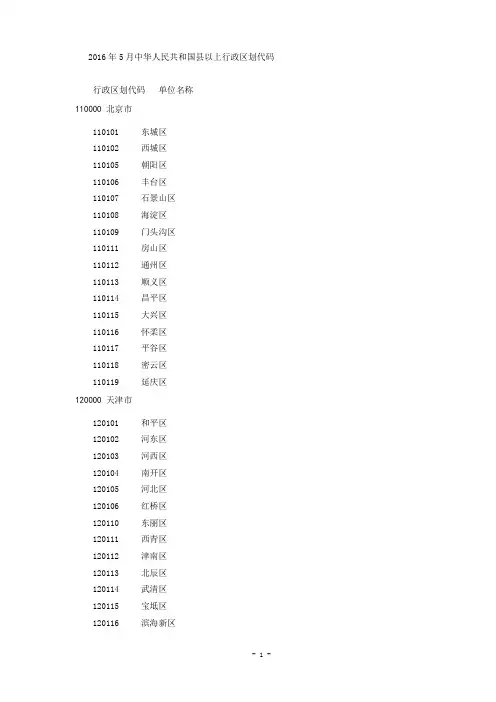 2016年5月中华人民共和国县以上行政区划代码