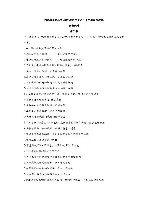 河北省石家庄市2016-2017学年高二下学期期末考试生物试题-含答案