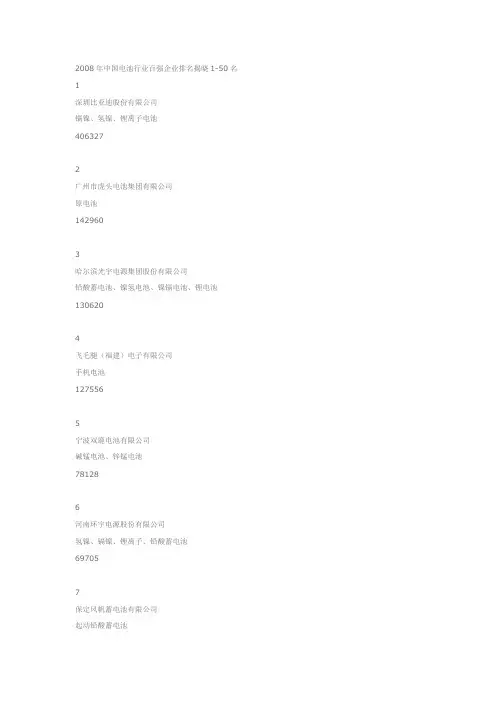 2008年中国电池行业百强企业排名揭晓1