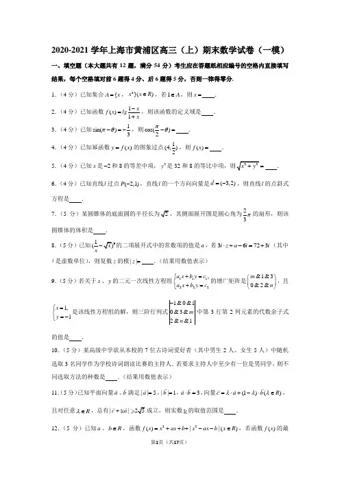 2020-2021学年上海市黄浦区高三(上)期末数学试卷(一模)