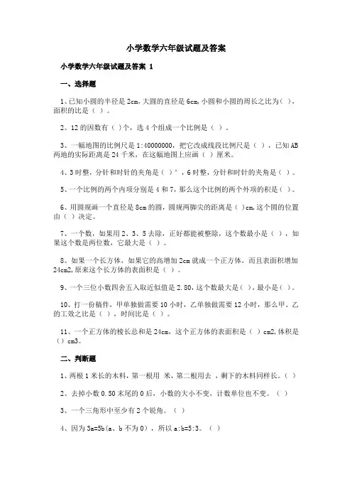 小学数学六年级试题及答案