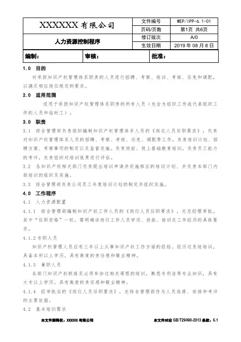 6.1-01人力资源控制程----知识产权