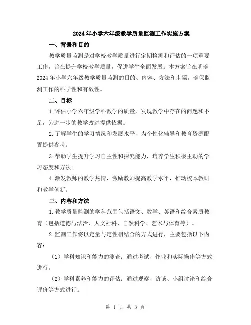 2024年小学六年级教学质量监测工作实施方案