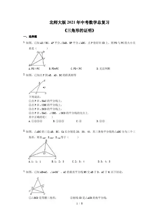 北师大版2021年中考数学总复习《三角形的证明》(含答案)