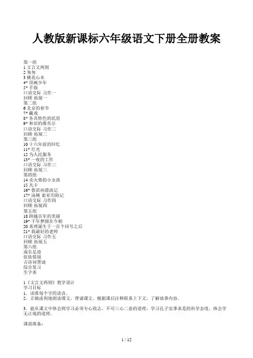 人教版新课标六年级语文下册全册教案