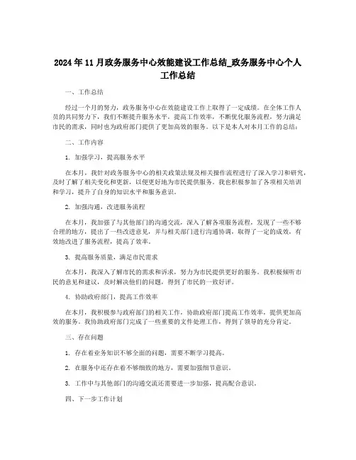 2024年11月政务服务中心效能建设工作总结_政务服务中心个人工作总结