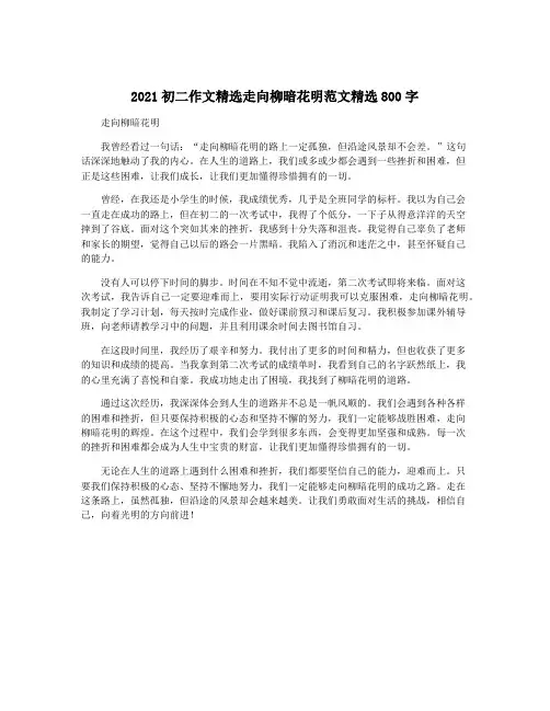 2021初二作文精选走向柳暗花明范文精选800字