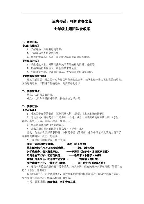 远离毒品,呵护青春之花 七年级主题班会教案