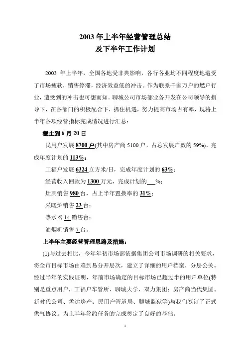 聊城2003年上半年经营管理总结及下半年工作计划