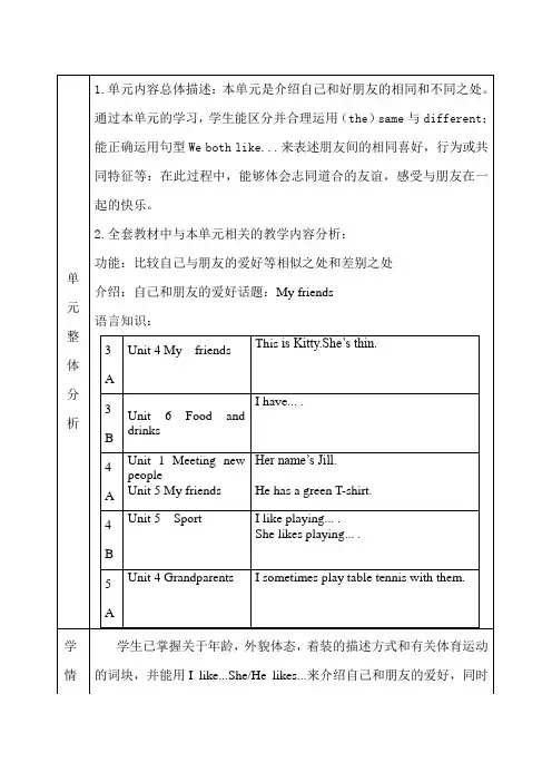 沪教版五年级上学期英语Unit5 Friends 教案