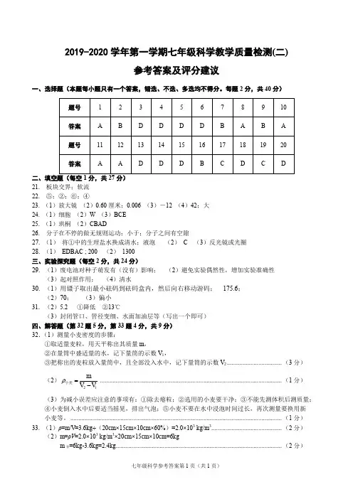 (台州)2019-2020学年第一学期七年级科学教学质量检测(二)参考答案及评分建议