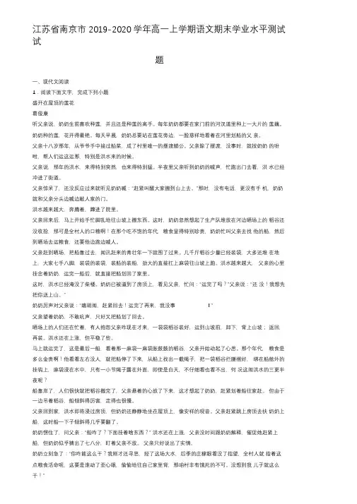 江苏省南京市2019-2020学年高一上学期语文期末学业水平测试试题