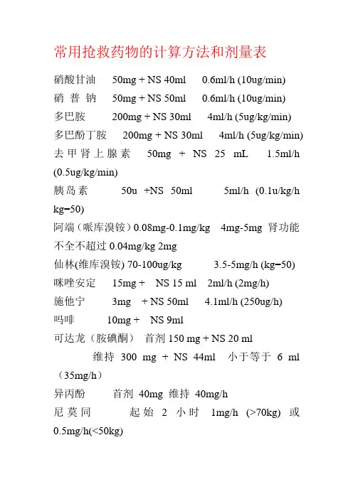 抢救药物的计算方法和剂量表