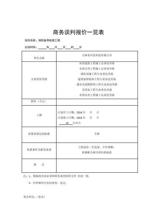 商务谈判报价一览表