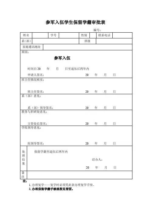 参军入伍学生保留学籍审批表