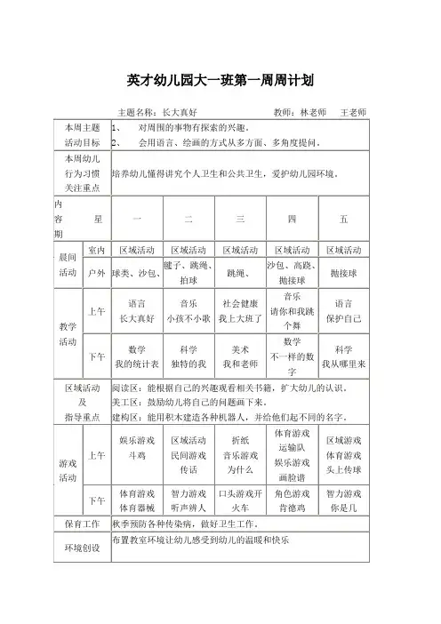 大班周计划表1
