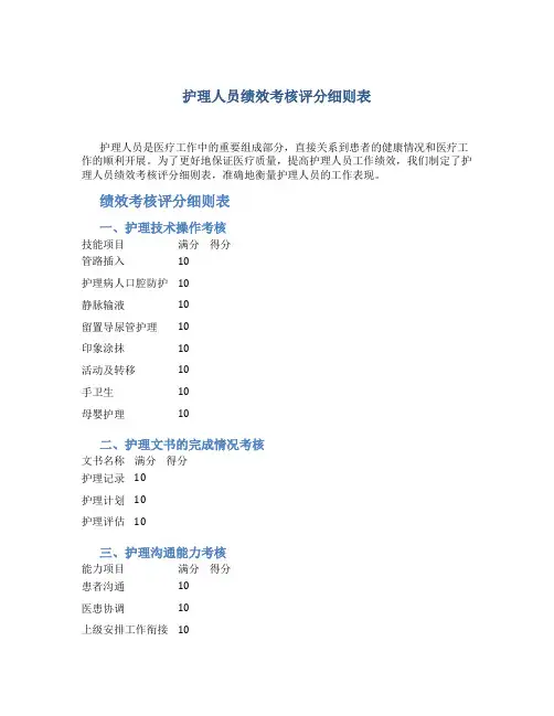 护理人员绩效考核评分细则表